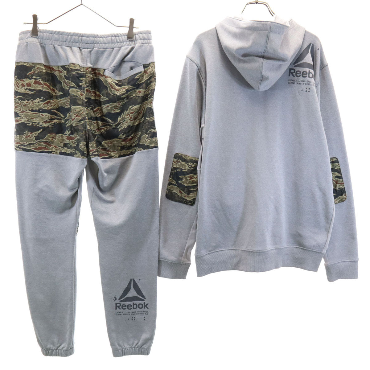 Reebok リーボック 迷彩柄 長袖 スピードウィック スウェットパーカー 上下 セットアップ 2XO グレー ビッグサイズ メンズ