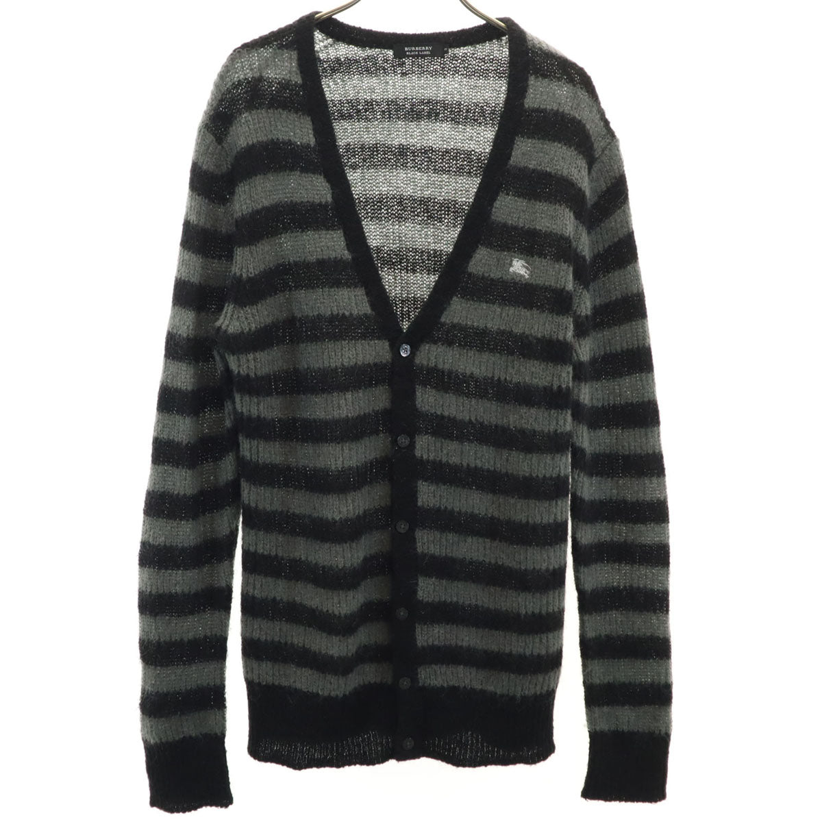 BURBERRY BLACK LABEL バーバリーブラックレーベル モヘヤブレンド ボーダー柄 長袖 Vネック ニットカーディガン 3 黒系 三陽商会 メンズ
