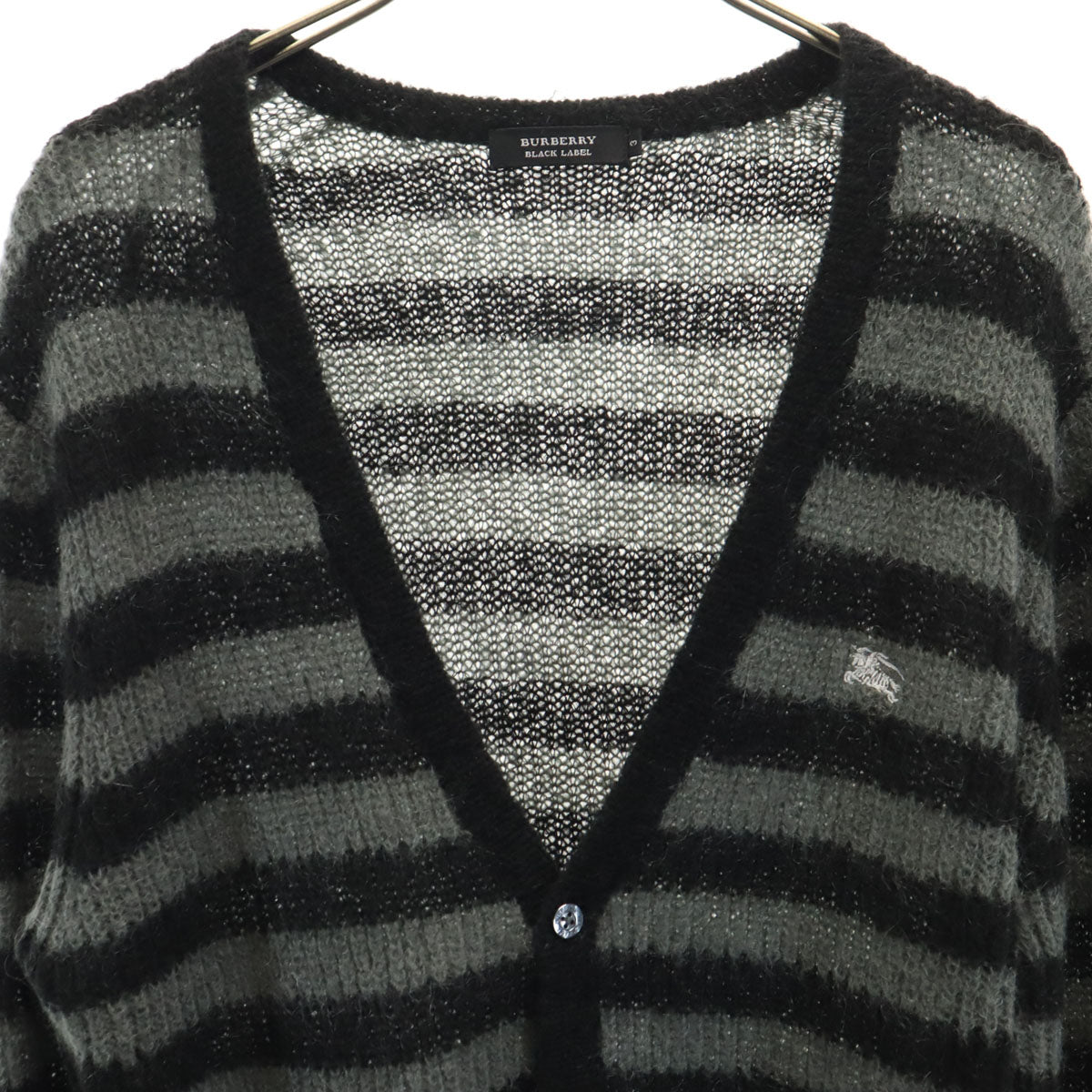 BURBERRY BLACK LABEL バーバリーブラックレーベル モヘヤブレンド ボーダー柄 長袖 Vネック ニットカーディガン 3 黒系 三陽商会 メンズ