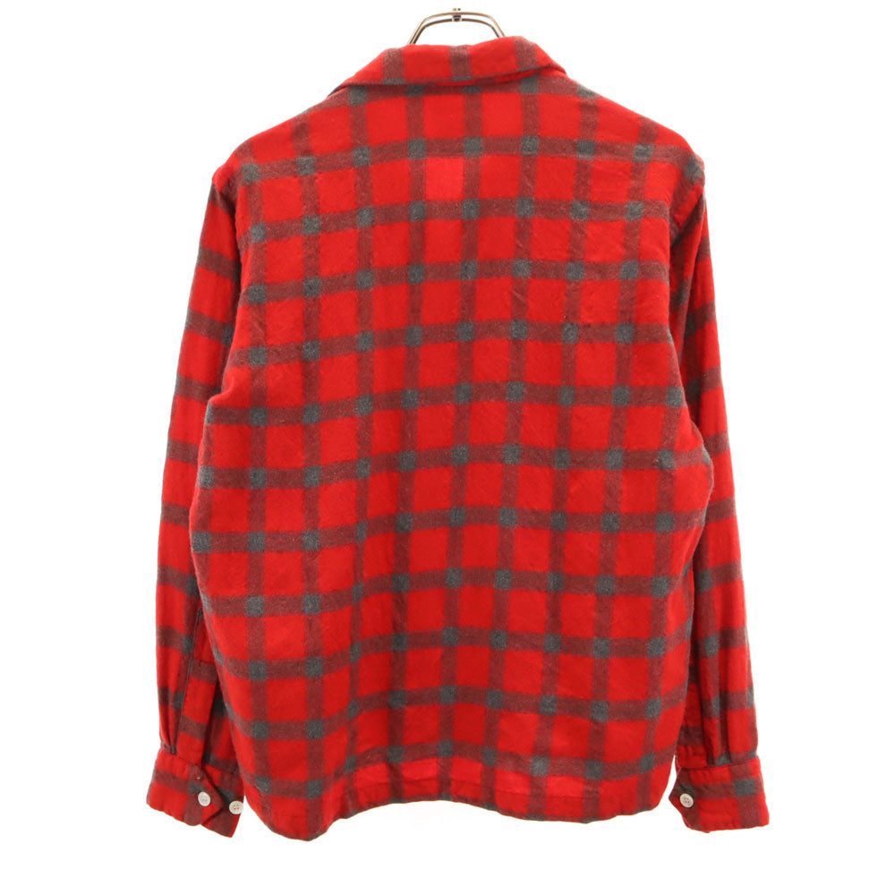 ゲームアンドレイク 50s ヴィンテージ 開襟 チェック柄 長袖 ボックスシルエット オープンカラー ウールシャツ M レッド メンズ
