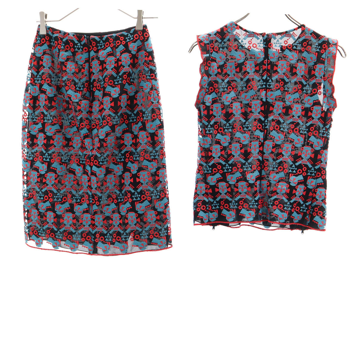 Emporio Armani エンポリオアルマーニ 総柄 ノースリーブ シアー ブラウス 上下 セットアップ 38 ブラック レディース