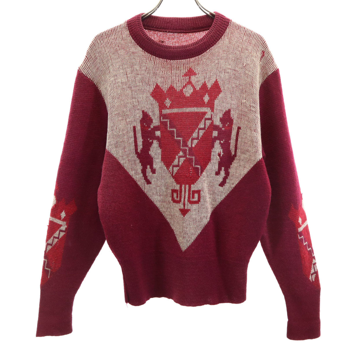 30s ヴィンテージ エンブレム柄 長袖 セーター ボルドー ニット メンズ