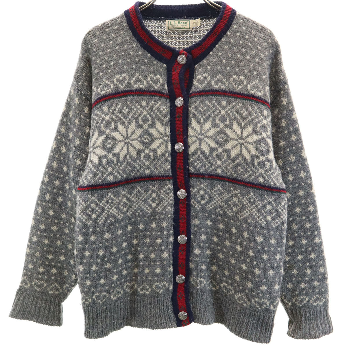 L.L.Bean エルエルビーン 80s USA製 ヴィンテージ ノルディック柄 長袖 ニットカーディガン M グレー アウトドア レディース