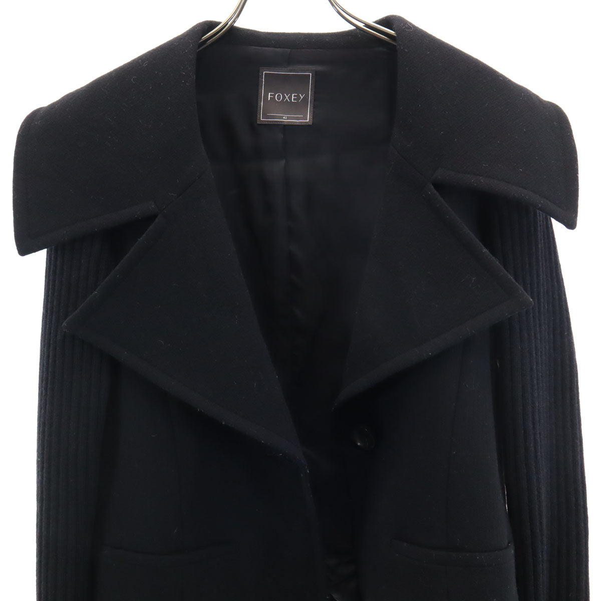FOXEY フォクシー 日本製 リブニット切替 ウールジャケット 42 ブラック レディース