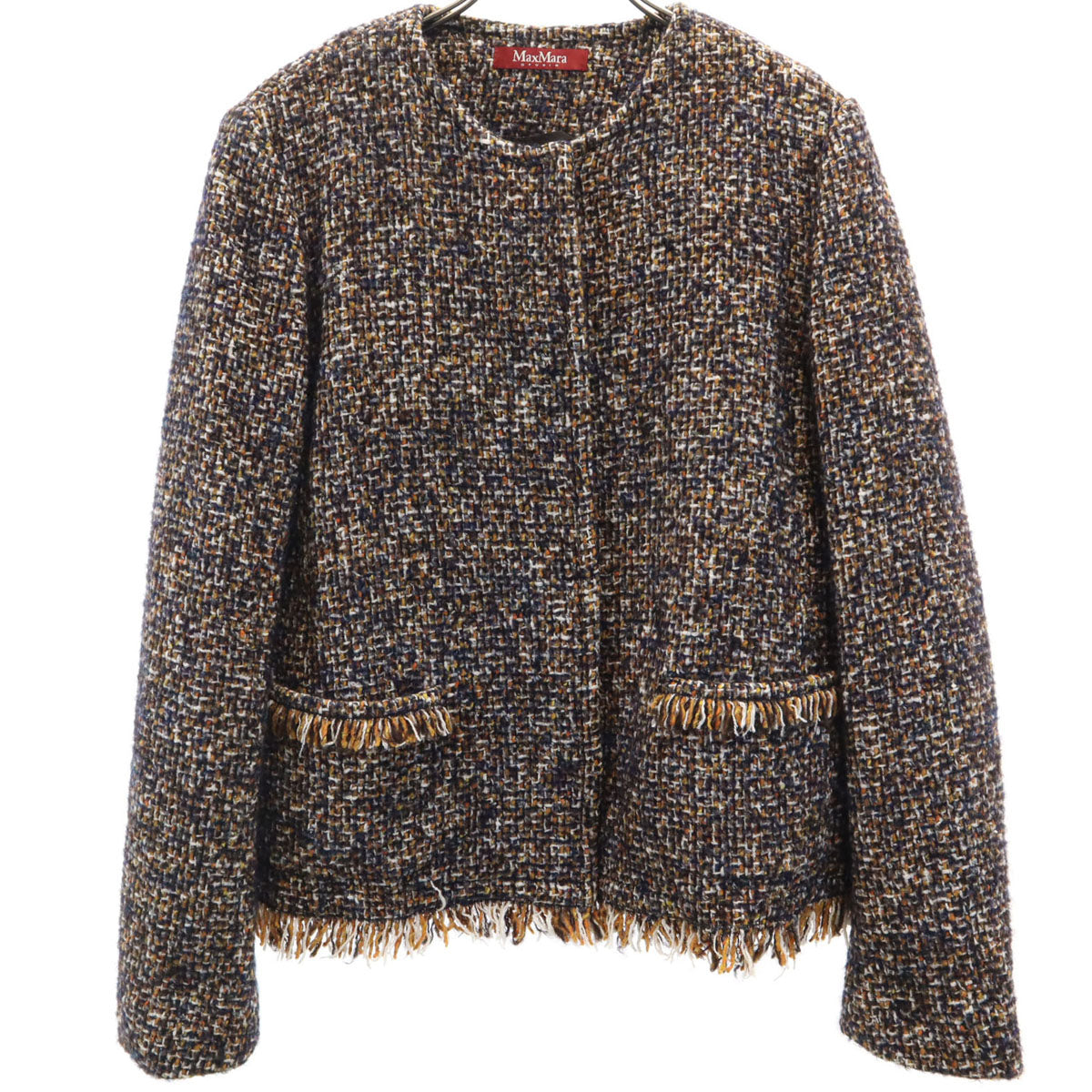 MAX MARA マックスマーラ ウールブレンド ツイード ノーカラージャケット 44 黒系 レディース