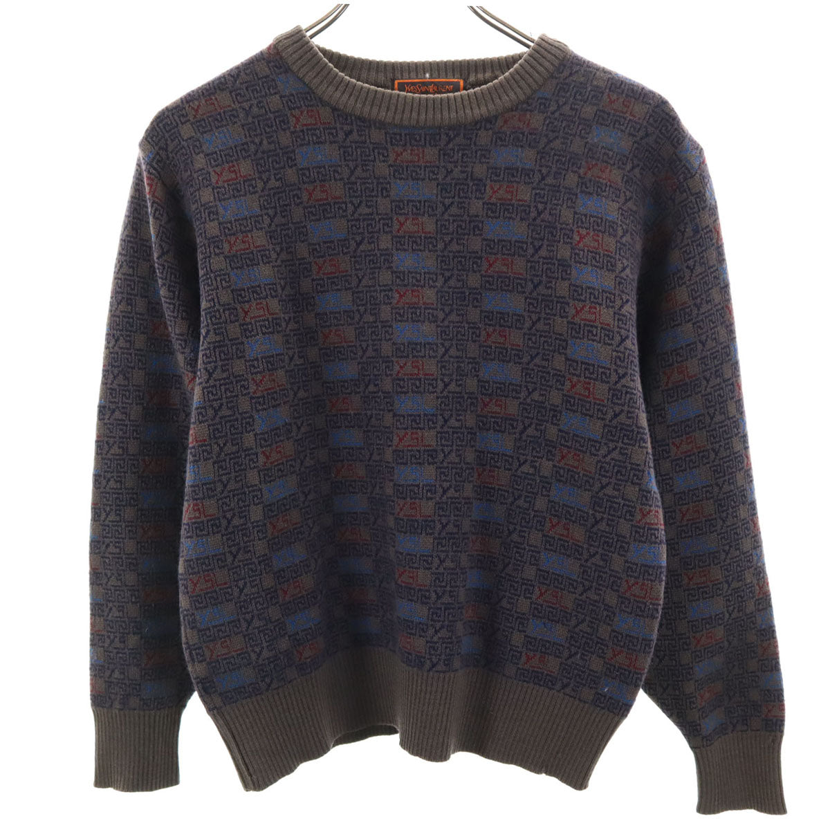 YVES SAINT LAURENT イヴサンローラン 90s ウール オールド 総柄 長袖 セーター S グレー系 ニット レディース