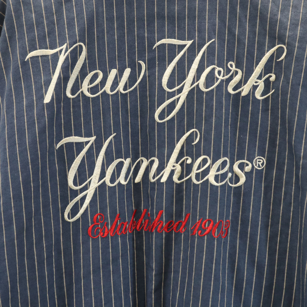COOPERSTOWN クーパーズタウン コットンリネンブレンド ストライプ柄 ニューヨークヤンキース スタジャン M ネイビー系 バック刺繍 メンズ