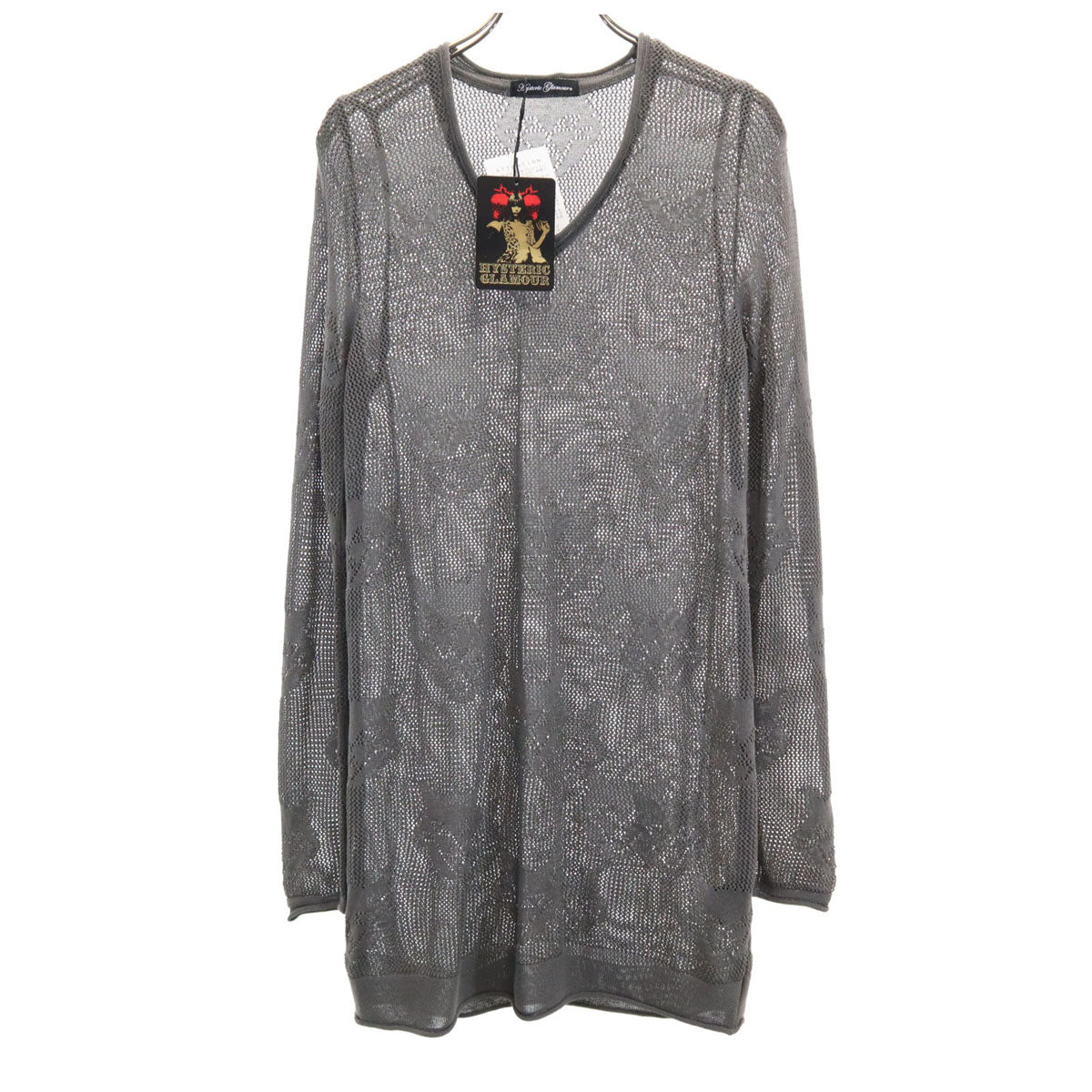 未使用 HYSTERIC GLAMOUR ヒステリックグラマー 日本製 長袖 猫 メッシュ編み チュニック FREE グレー タグ付き ニット レディース