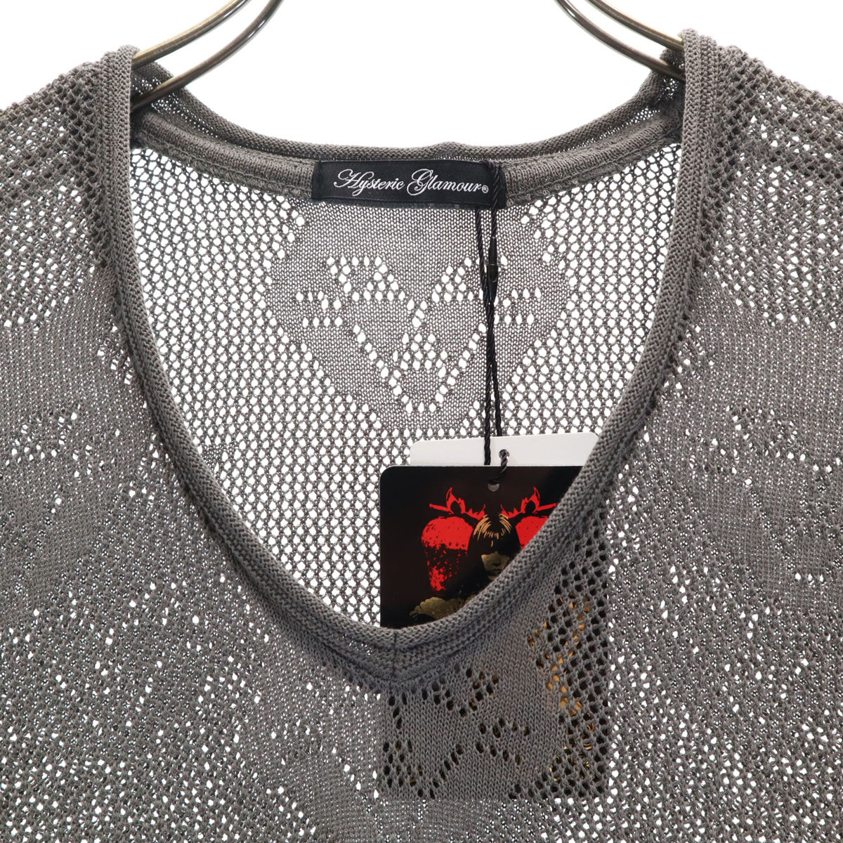 未使用 HYSTERIC GLAMOUR ヒステリックグラマー 日本製 長袖 猫 メッシュ編み チュニック FREE グレー タグ付き ニット レディース