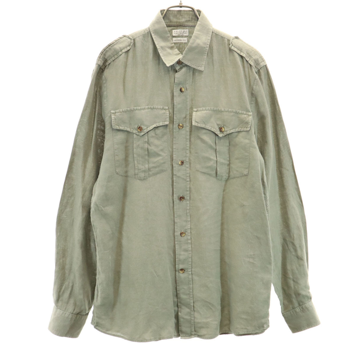 Brunello Cucinelli ブルネロクチネリ リネンブレンド イタリア製 長袖 ミリタリーシャツ S グリーン系 メンズ