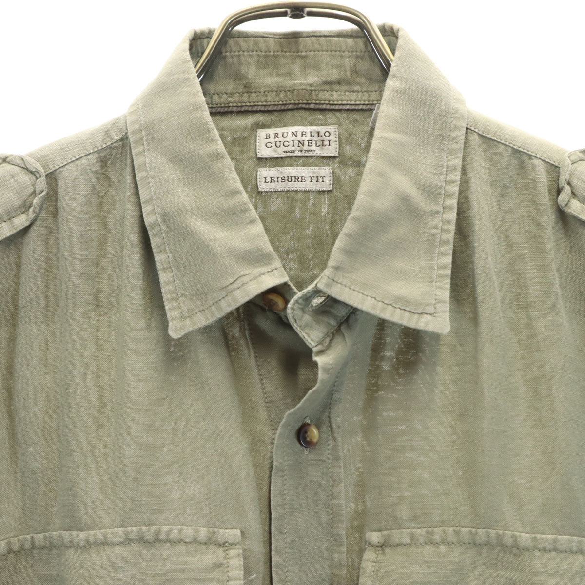 Brunello Cucinelli ブルネロクチネリ リネンブレンド イタリア製 長袖 ミリタリーシャツ S グリーン系 メンズ