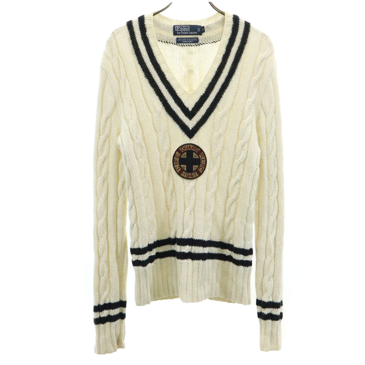 Polo by Ralph Lauren ポロバイラルフローレン リネンブレンド 長袖 Vネック ケーブル ニット S アイボリー セーター レディース