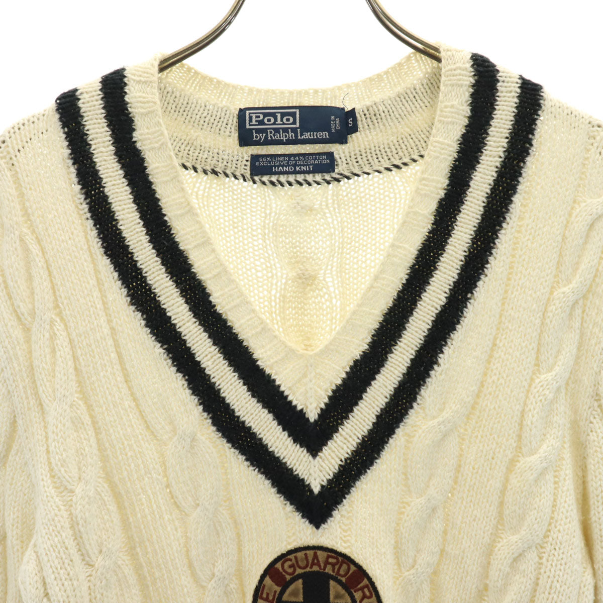 Polo by Ralph Lauren ポロバイラルフローレン リネンブレンド 長袖 Vネック ケーブル ニット S アイボリー セーター レディース