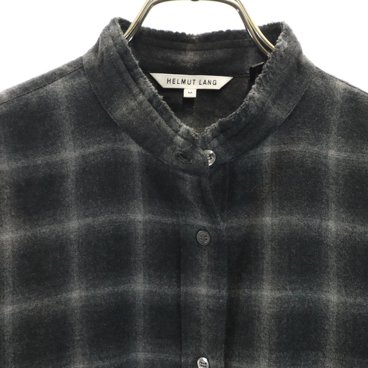 HELMUT LANG ヘルムートラング ウールブレンド チェック柄 長袖 ノーカラーシャツ M グレー系 レディース