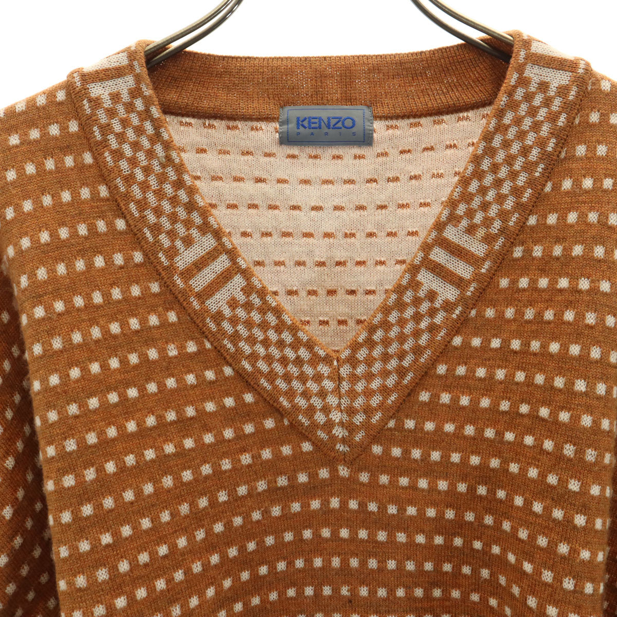KENZO ケンゾー 90s 日本製 ウール オールド 総柄 長袖 Vネック セーター 3 キャメル ニット メンズ