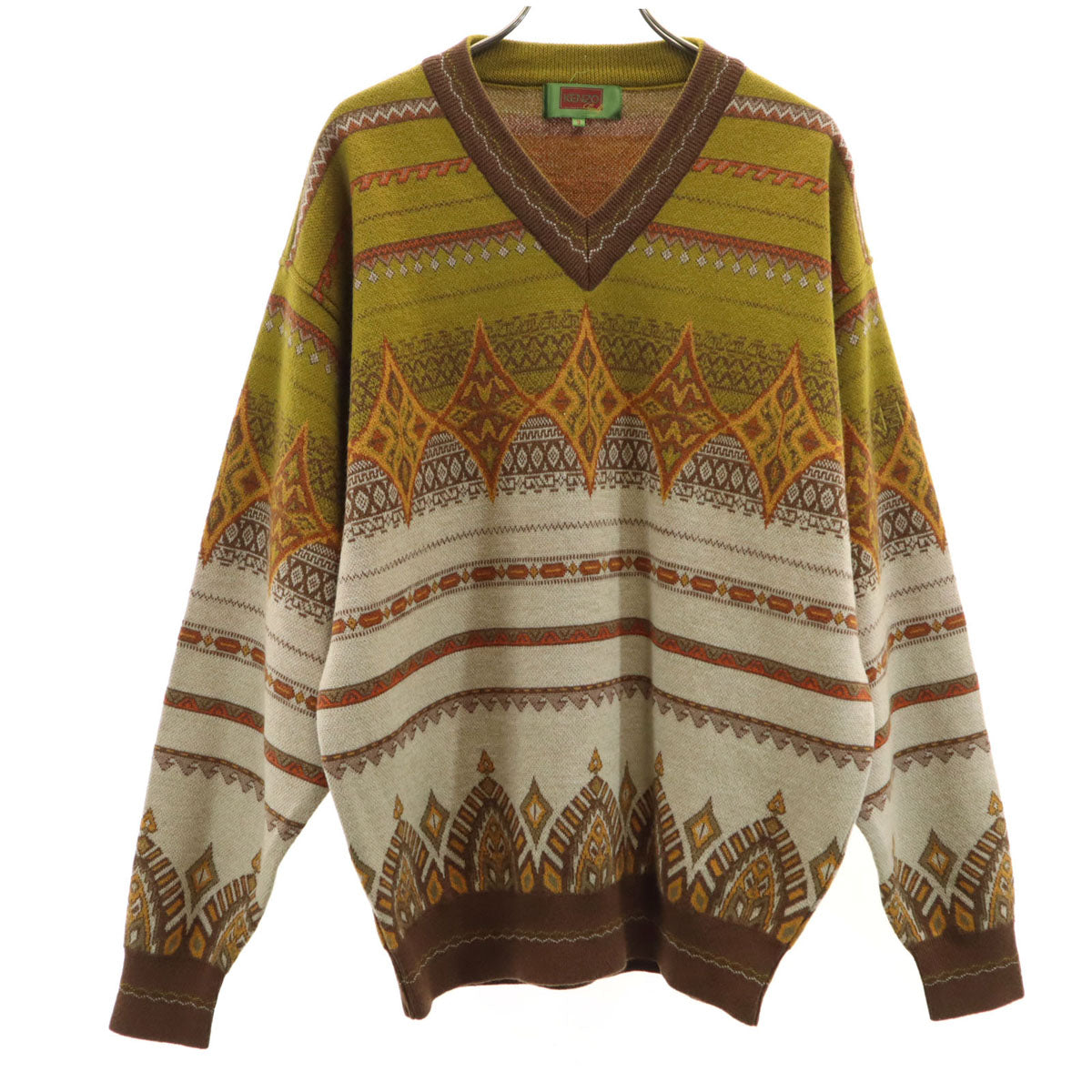KENZO GOLF ケンゾーゴルフ 90s ウール オールド 総柄 長袖 Vネック セーター 3 ブラウン系 ニット メンズ