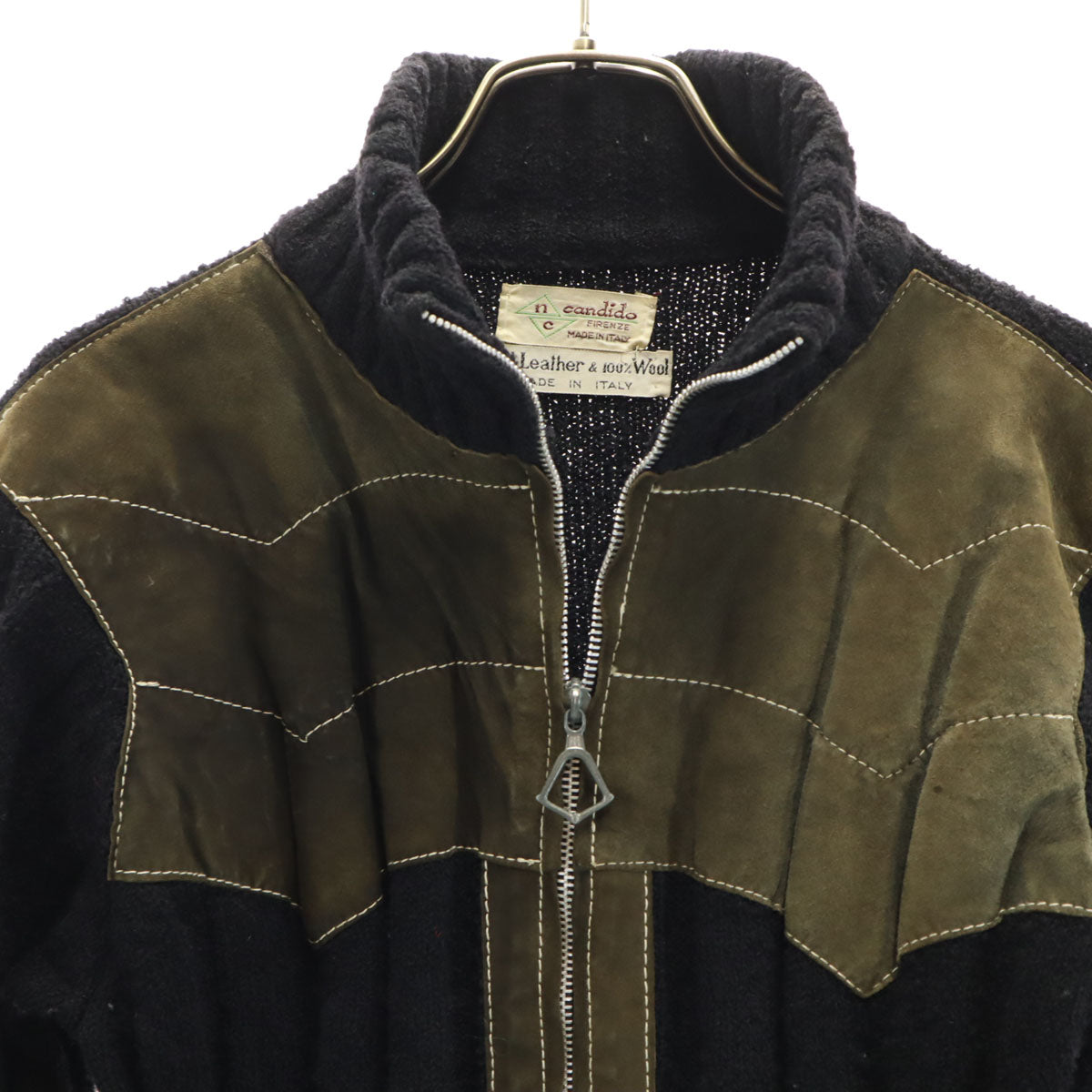 nc candido 70s イタリア製 ヴィンテージ 本革レザー切替 ニットジャケット M ブラック メンズ