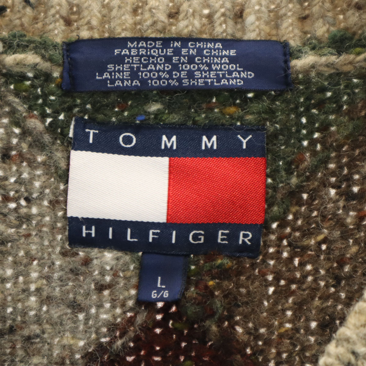 TOMMY HILFIGER トミーヒルフィガー 90s オールド フラッグタグ アーガイル柄 Vネック ニットベスト L ベージュ メンズ