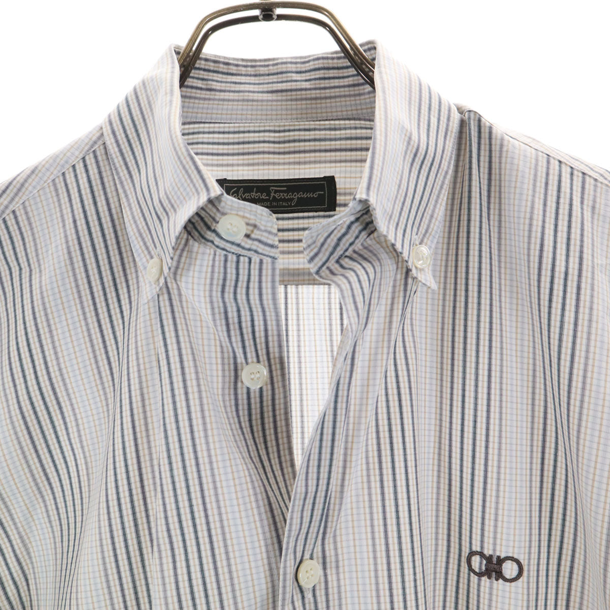 Salvatore Ferragamo サルヴァトーレフェラガモ イタリア製 チェック柄 長袖 ボタンダウンシャツ S ホワイト メンズ