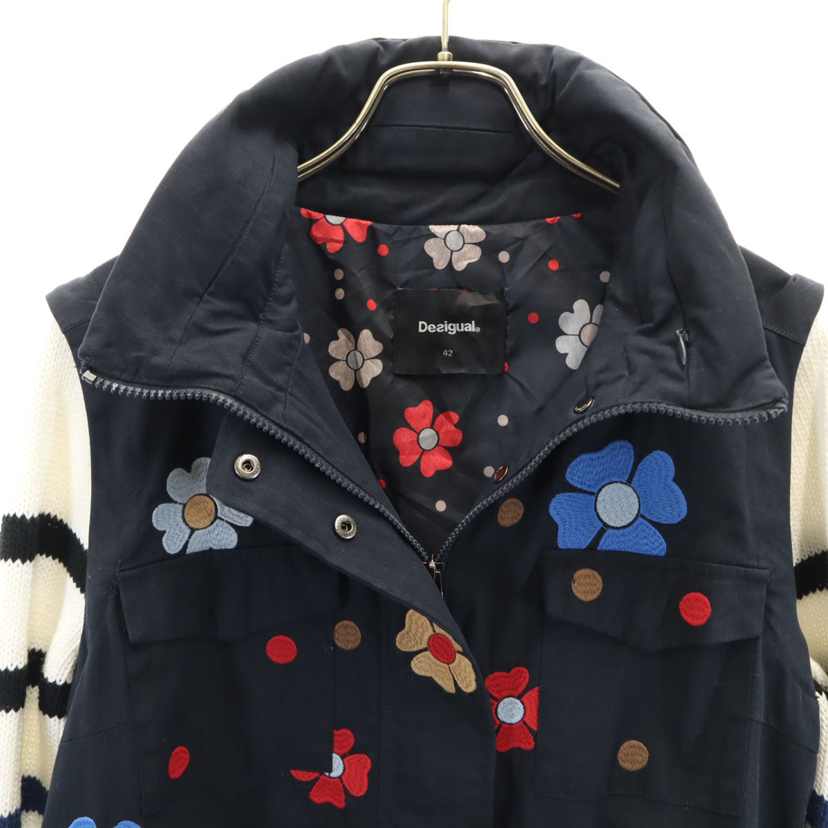 Desigual デシグアル 総柄 2WAY ニット切替 ジャケット 42 ネイビー レディース