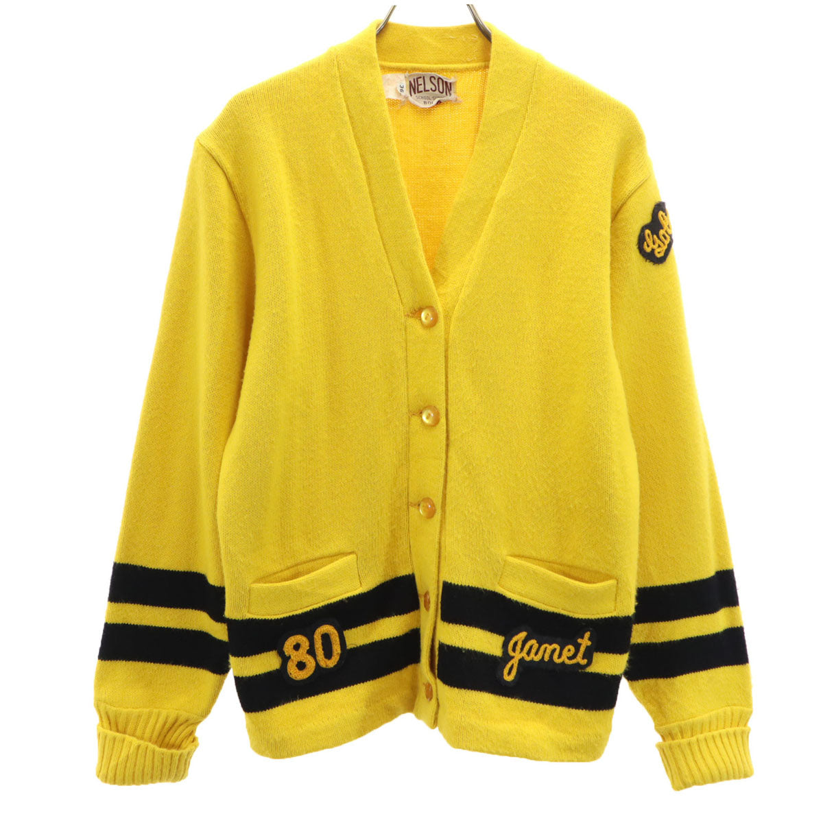 MELSON SCHOOL SUPPLY BOISE 70s 80s ヴィンテージ レタード Vネック ニット カーディガン 36 イエロー レディース