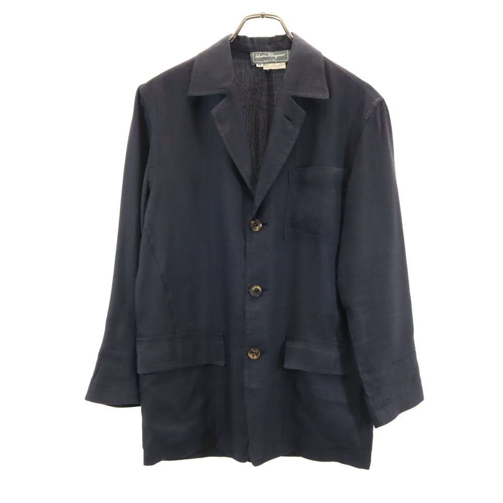 Salvatore Ferragamo サルヴァトーレフェラガモ 90s イタリア製 リネン オールド ヘリンボーン柄 テーラードジャケット 48 ネイビー ブレザー メンズ