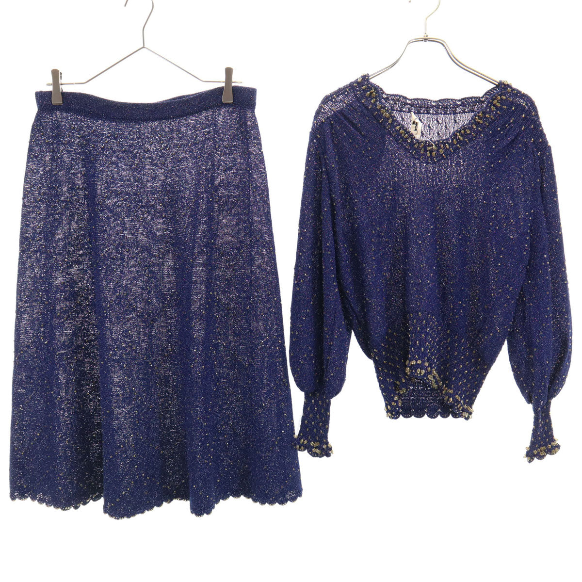 Sumi creative スミクリエイディブ 長袖 ビーズ ニット 上下 セットアップ ネイビー系 レディース