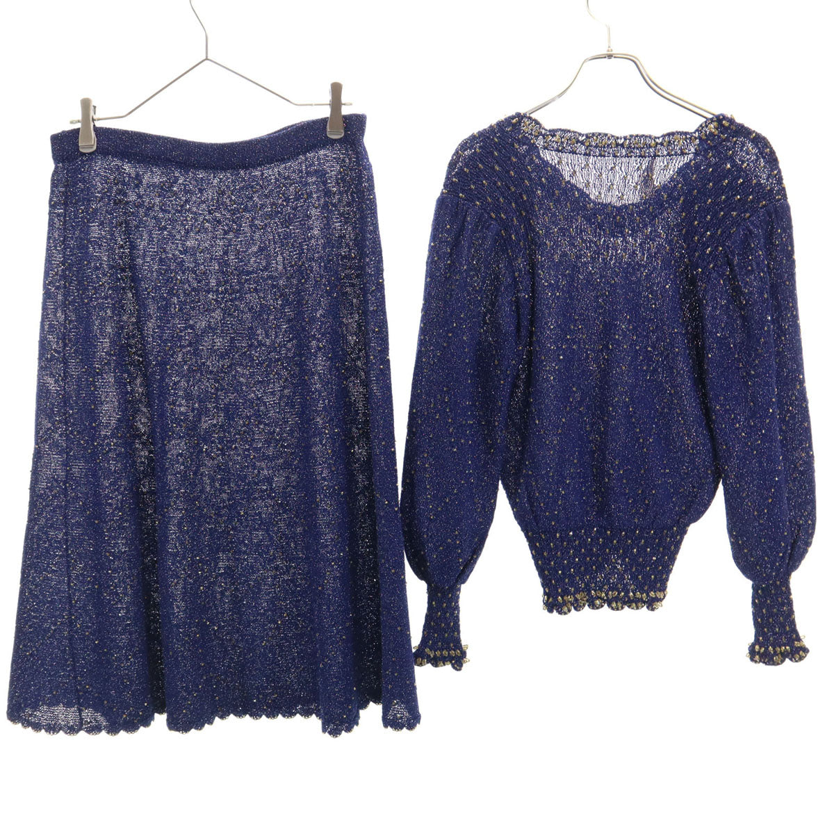 Sumi creative スミクリエイディブ 長袖 ビーズ ニット 上下 セットアップ ネイビー系 レディース