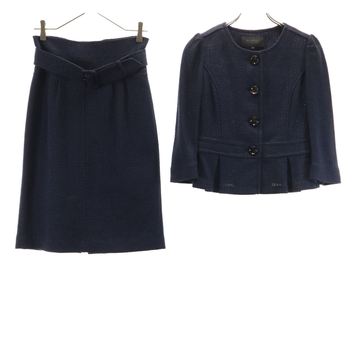 BURBERRY BLACK LABEL バーバリーブラックレーベル 日本製 総柄 5分袖 スカートスーツ 上下 セットアップ 40 ネイビー 三陽商会 レディース