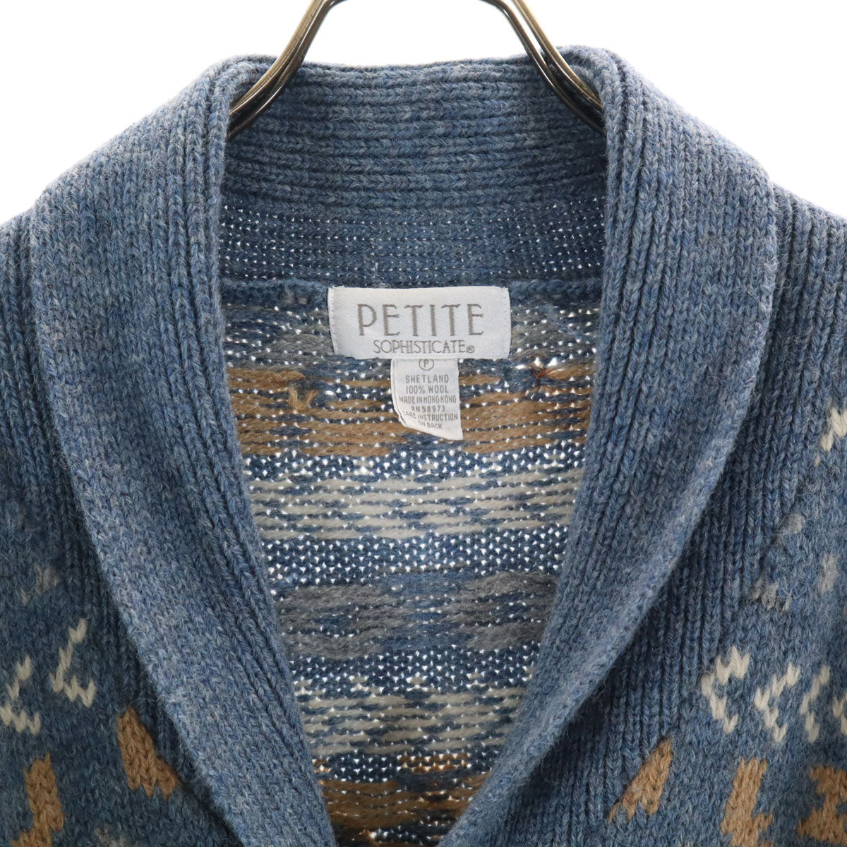 PETITE SOPHISTICATE 90s オールド 総柄 長袖 ショールカラー ニットカーディガン P ネイビー系 レディース