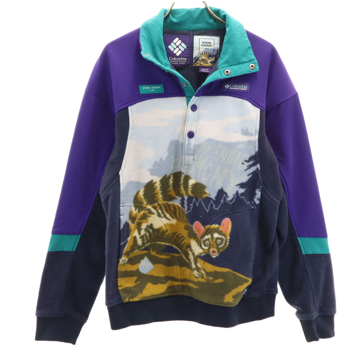 Columbia コロンビア オープニングセレモニー OPENING CEREMONY コラボ アニマル柄 長袖 フリース シャツ XS パープル アウトドア メンズ