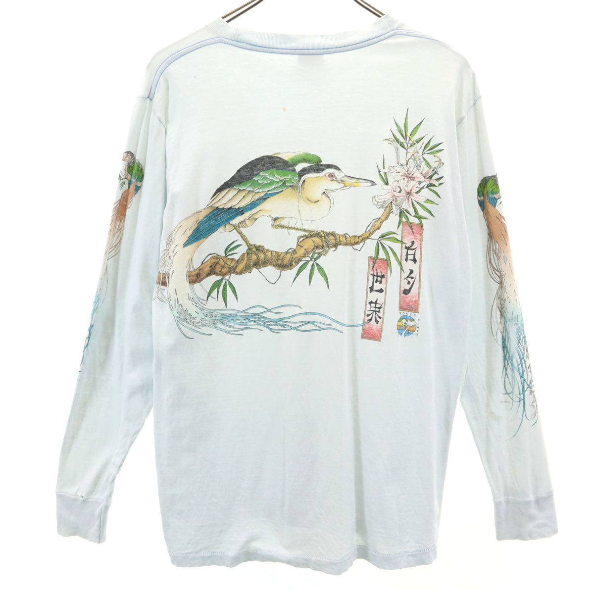 SIGNAL シグナル 90s USA製 オールド 浮世絵 バックプリント 長袖 シングルステッチ Tシャツ M 水色 ロンT 鳥 メンズ