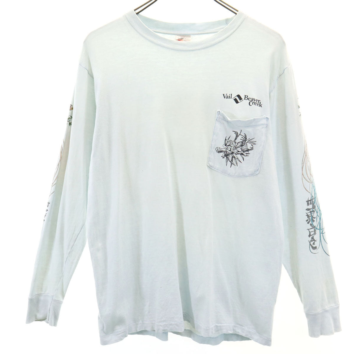 SIGNAL シグナル 90s USA製 オールド 浮世絵 バックプリント 長袖 シングルステッチ Tシャツ M 水色 ロンT 鳥 メンズ