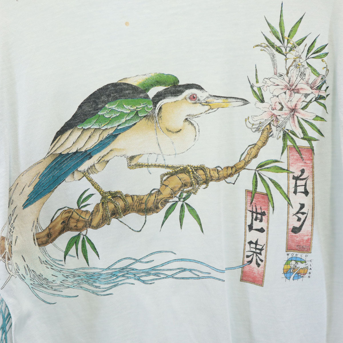 SIGNAL シグナル 90s USA製 オールド 浮世絵 バックプリント 長袖 シングルステッチ Tシャツ M 水色 ロンT 鳥 メンズ