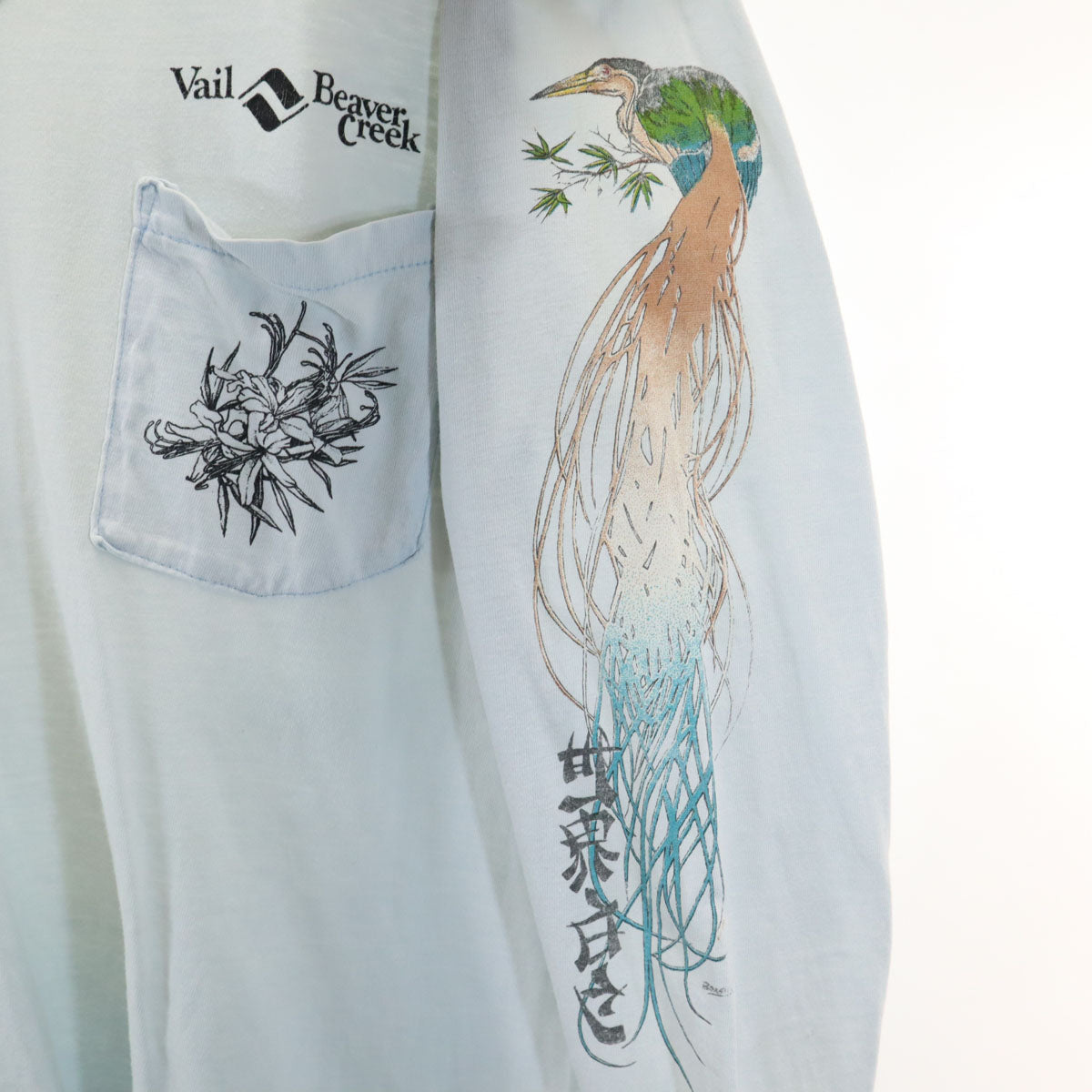 SIGNAL シグナル 90s USA製 オールド 浮世絵 バックプリント 長袖 シングルステッチ Tシャツ M 水色 ロンT 鳥 メンズ