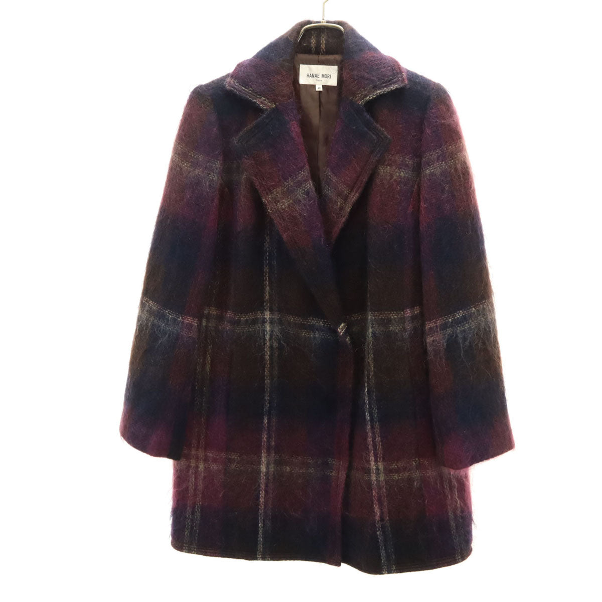 美品 HANAE MORI 森英恵 ハナエモリ モヘヤブレンド チェック柄 コート 40 パープル系 レディース