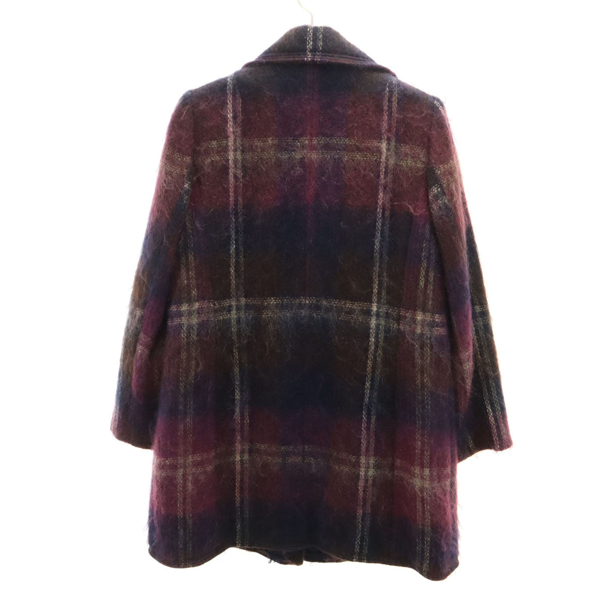 美品 HANAE MORI 森英恵 ハナエモリ モヘヤブレンド チェック柄 コート 40 パープル系 レディース