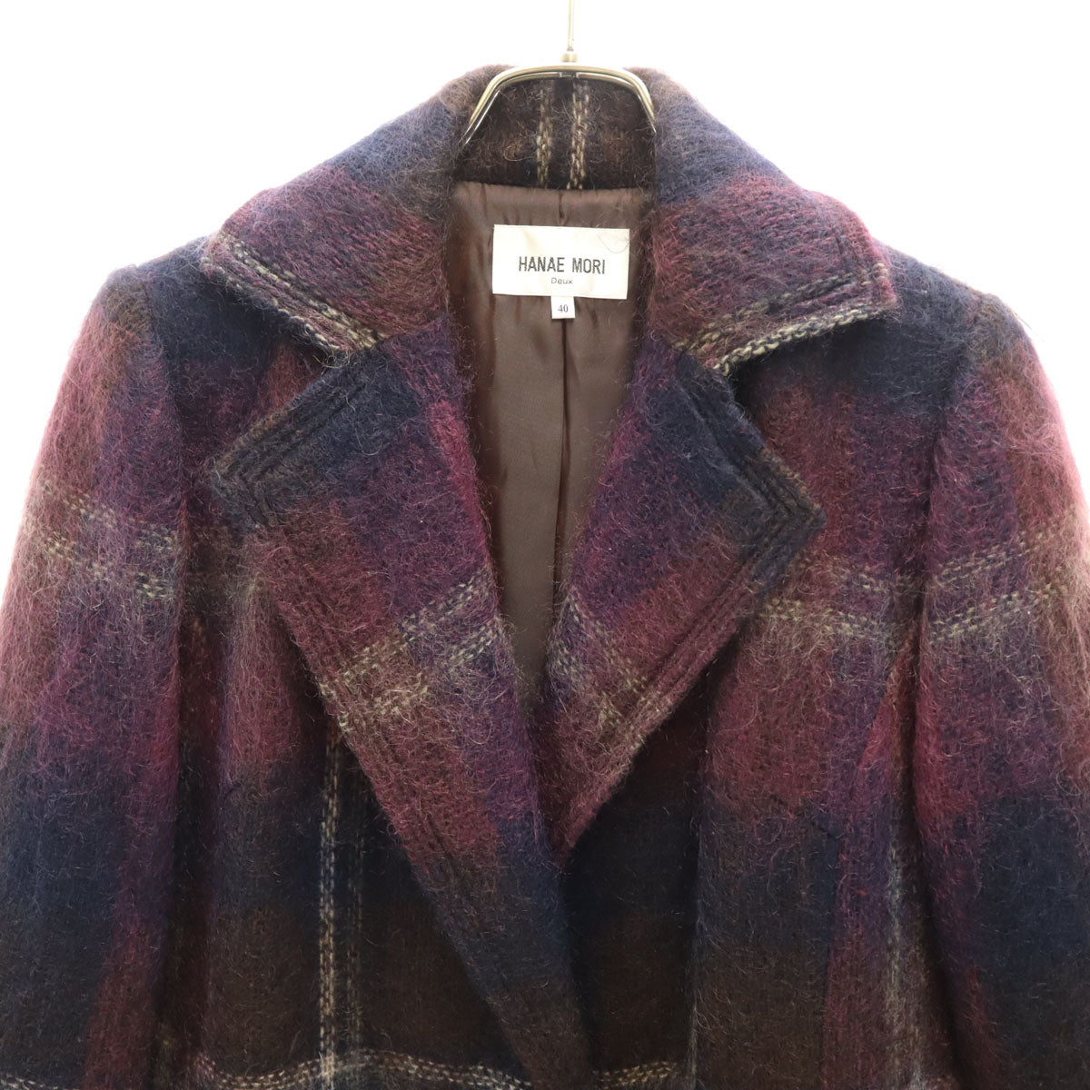 美品 HANAE MORI 森英恵 ハナエモリ モヘヤブレンド チェック柄 コート 40 パープル系 レディース