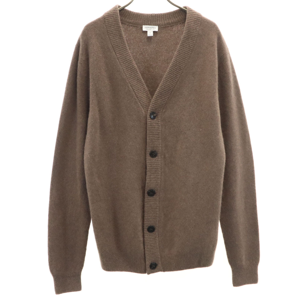 美品 SUNSPEL サンスペル スコットランド製 長袖 Vネック ニットカーディガン M アッシュブラウン メンズ