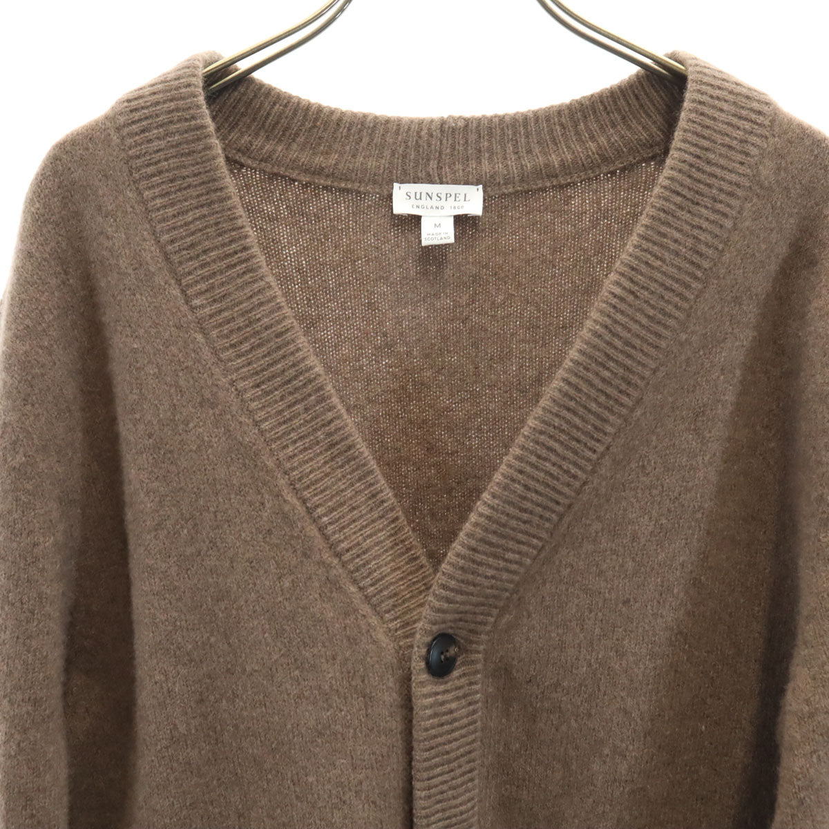 美品 SUNSPEL サンスペル スコットランド製 長袖 Vネック ニットカーディガン M アッシュブラウン メンズ