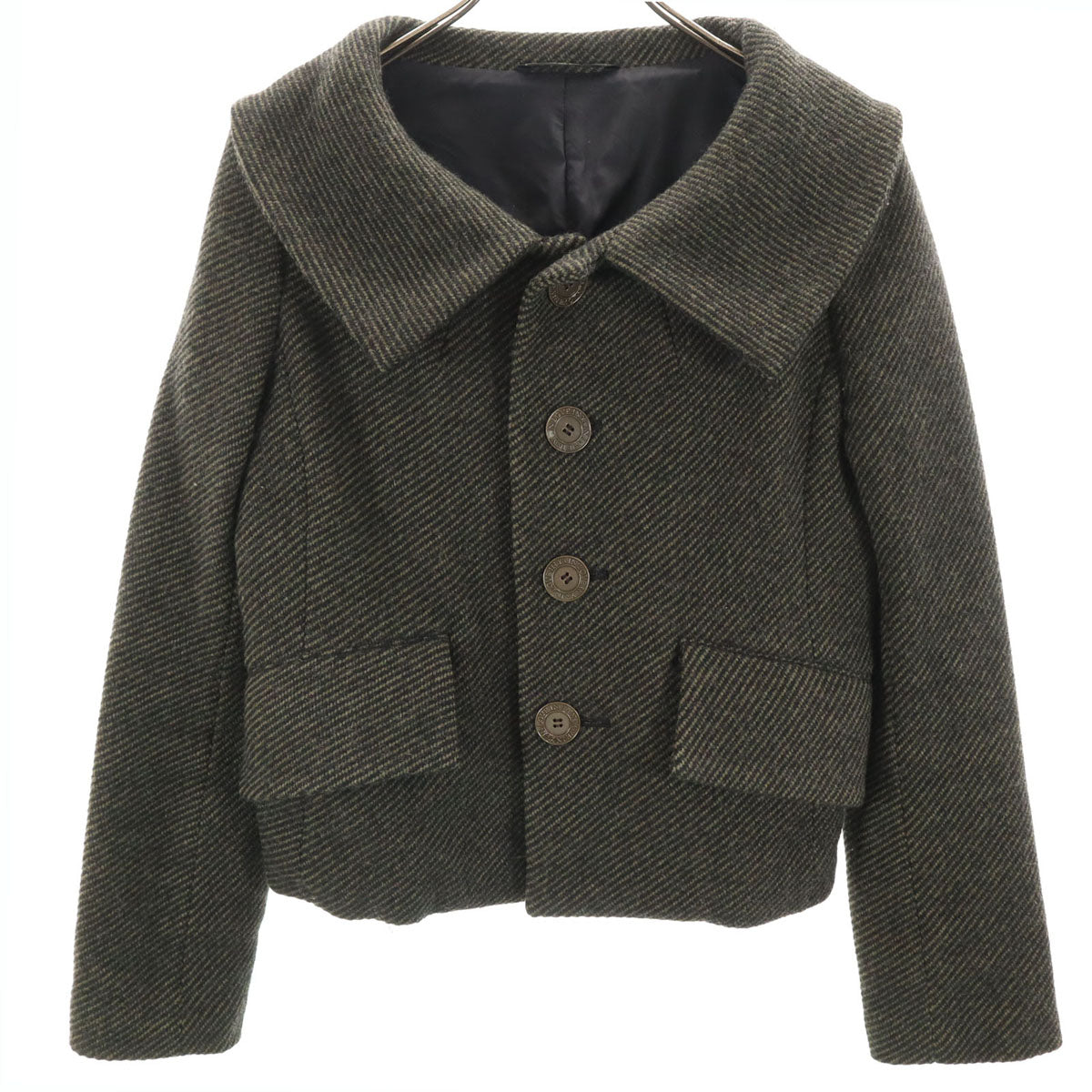 美品 Y's ワイズ 日本製 斜ストライプ柄 ショート丈 ウールジャケット 1 カーキ ヨウジヤマモト レディース