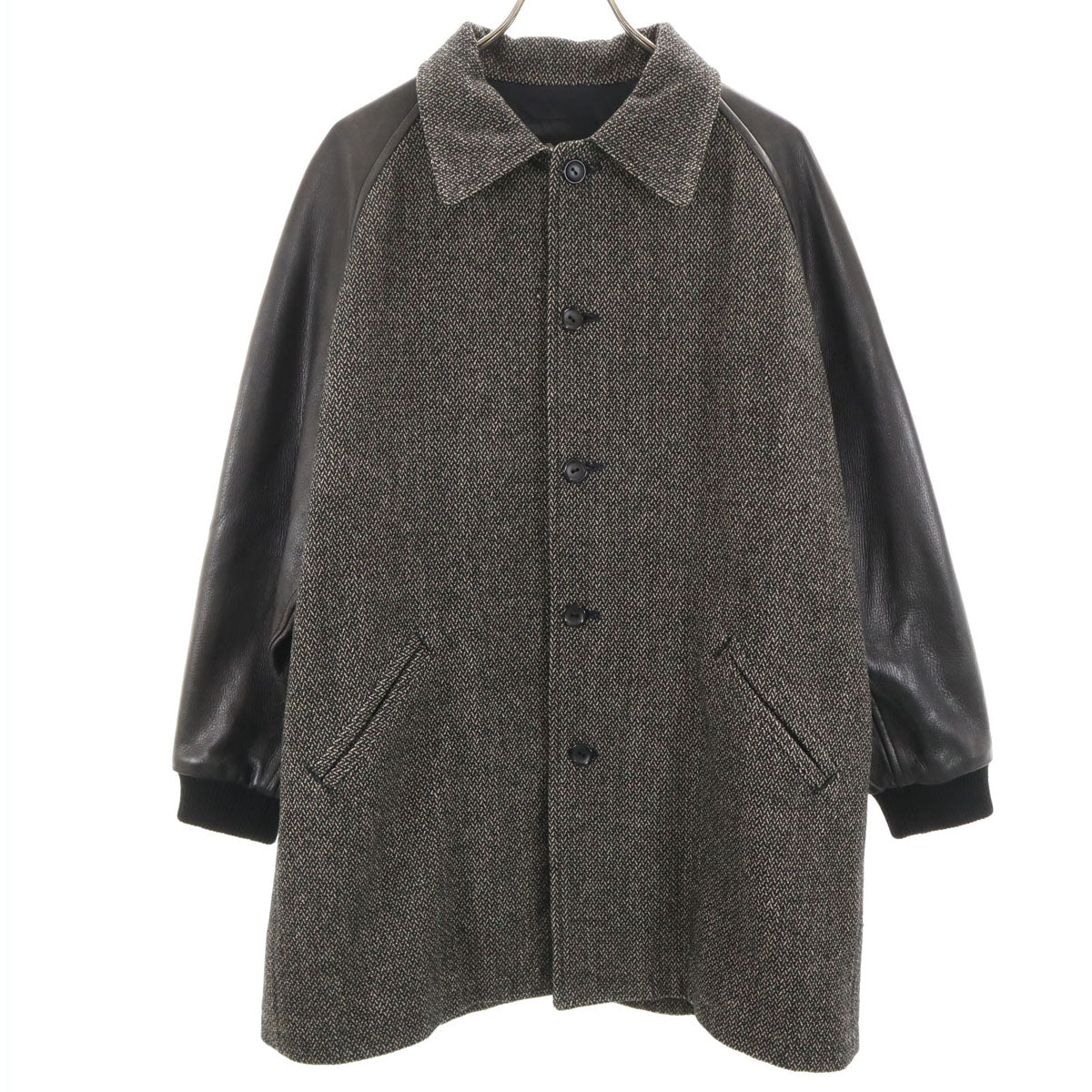 Y's ワイズ 80s ヴィンテージ 鹿革 レザー切替 ウール ステンカラーコート ブラック ヨウジヤマモト メンズ