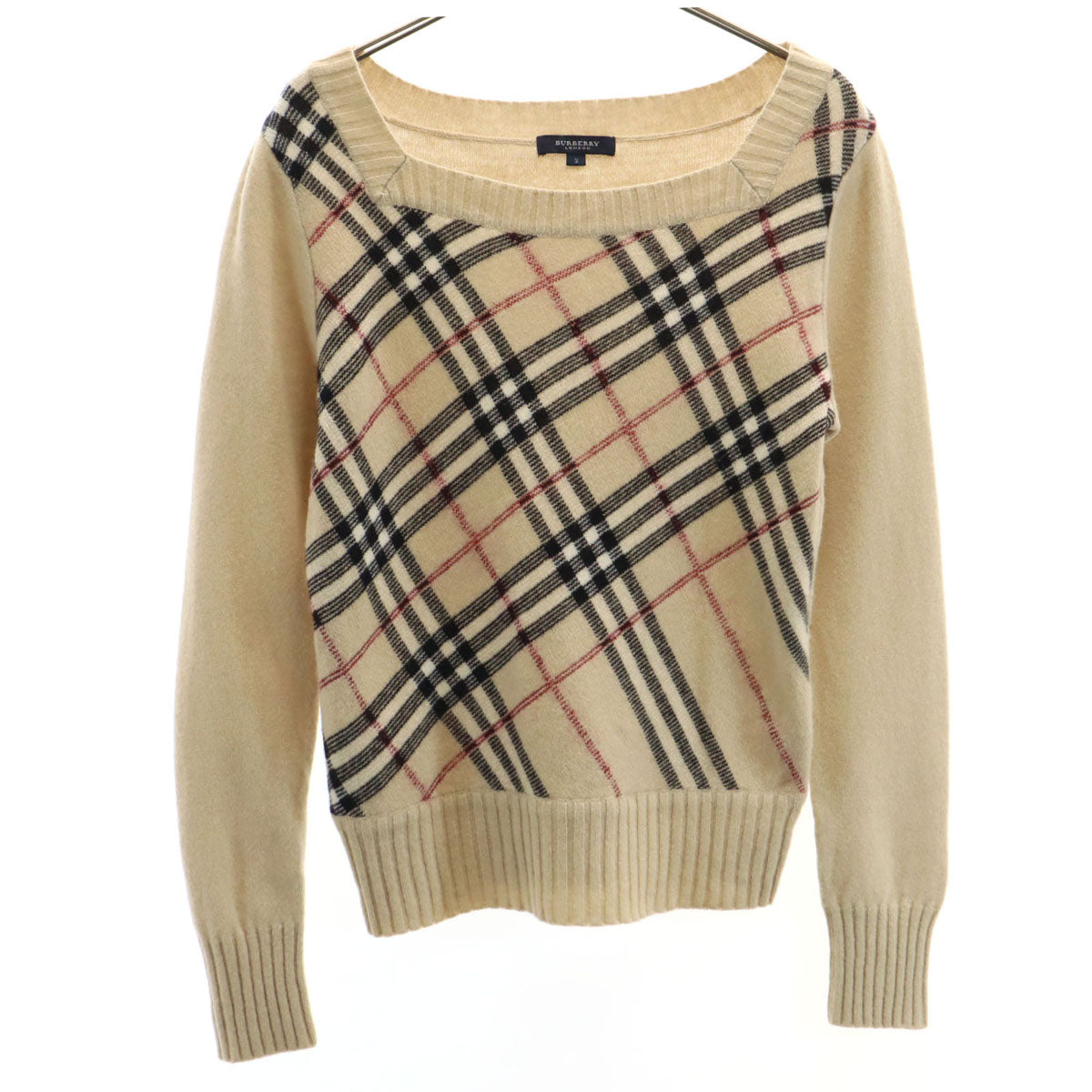 BURBERRY バーバリー ウールブレンド チェック柄 長袖 スクエアネック セーター 2 ベージュ 三陽商会 ニット レディース