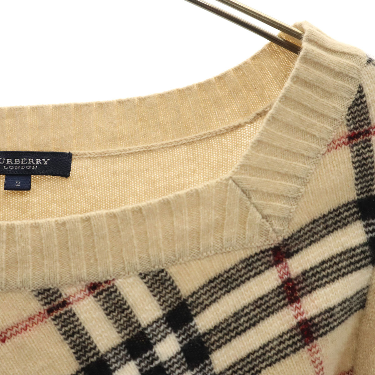 BURBERRY バーバリー ウールブレンド チェック柄 長袖 スクエアネック セーター 2 ベージュ 三陽商会 ニット レディース