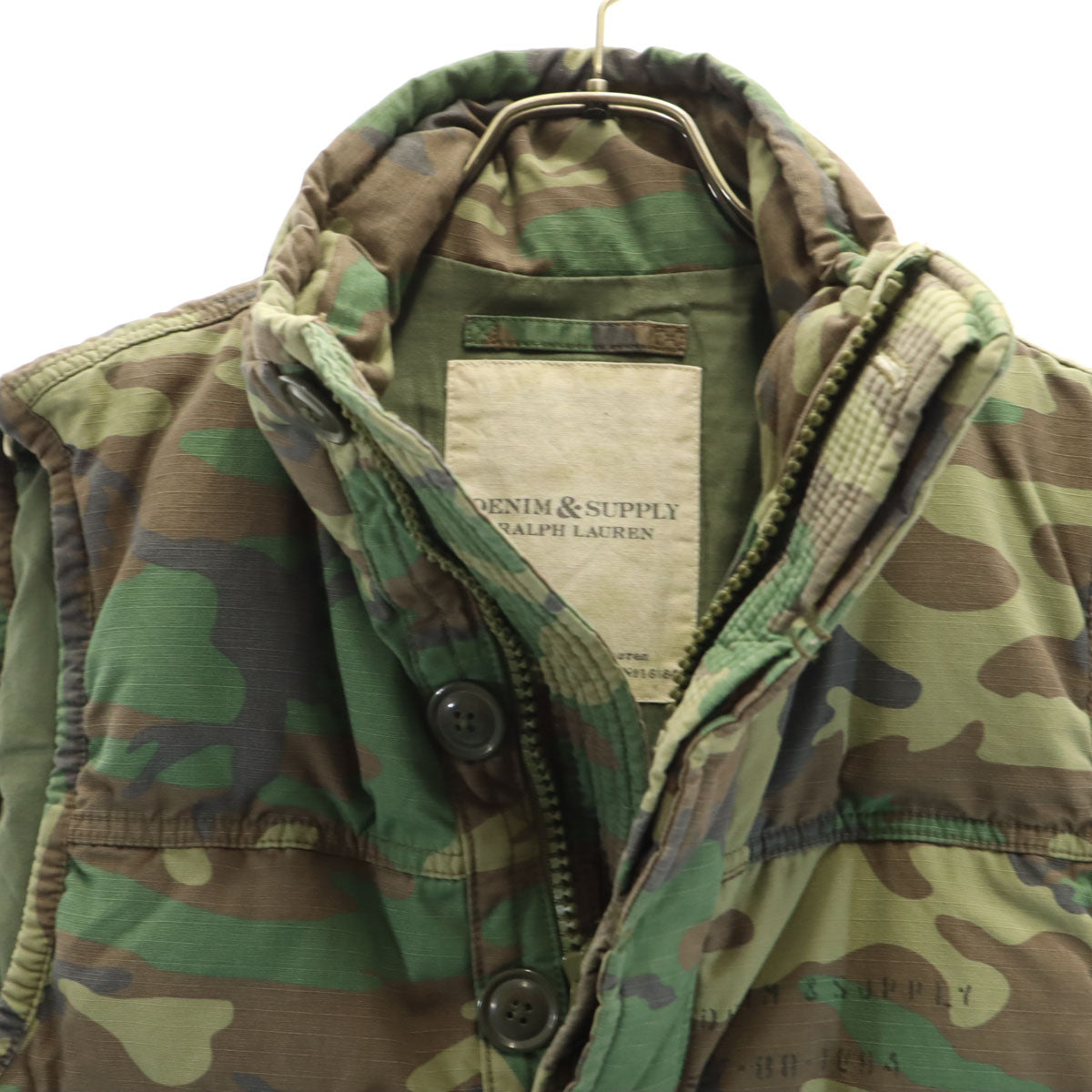 美品 DENIMU＆SUPPLY RALPH LAUREN デニムアンドサプライ ラルフローレン 迷彩柄 ダウンベスト S カーキ メンズ