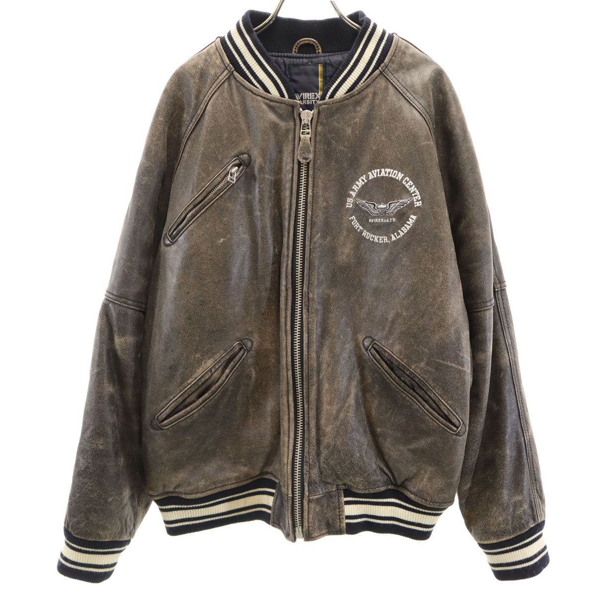 AVIREX VARSITY アヴィレックス バーシティ バックロゴ 牛革 レザー スタジャン XL ダークブラウン 中綿 メンズ