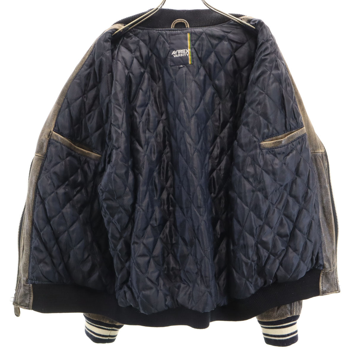 AVIREX VARSITY アヴィレックス バーシティ バックロゴ 牛革 レザー スタジャン XL ダークブラウン 中綿 メンズ