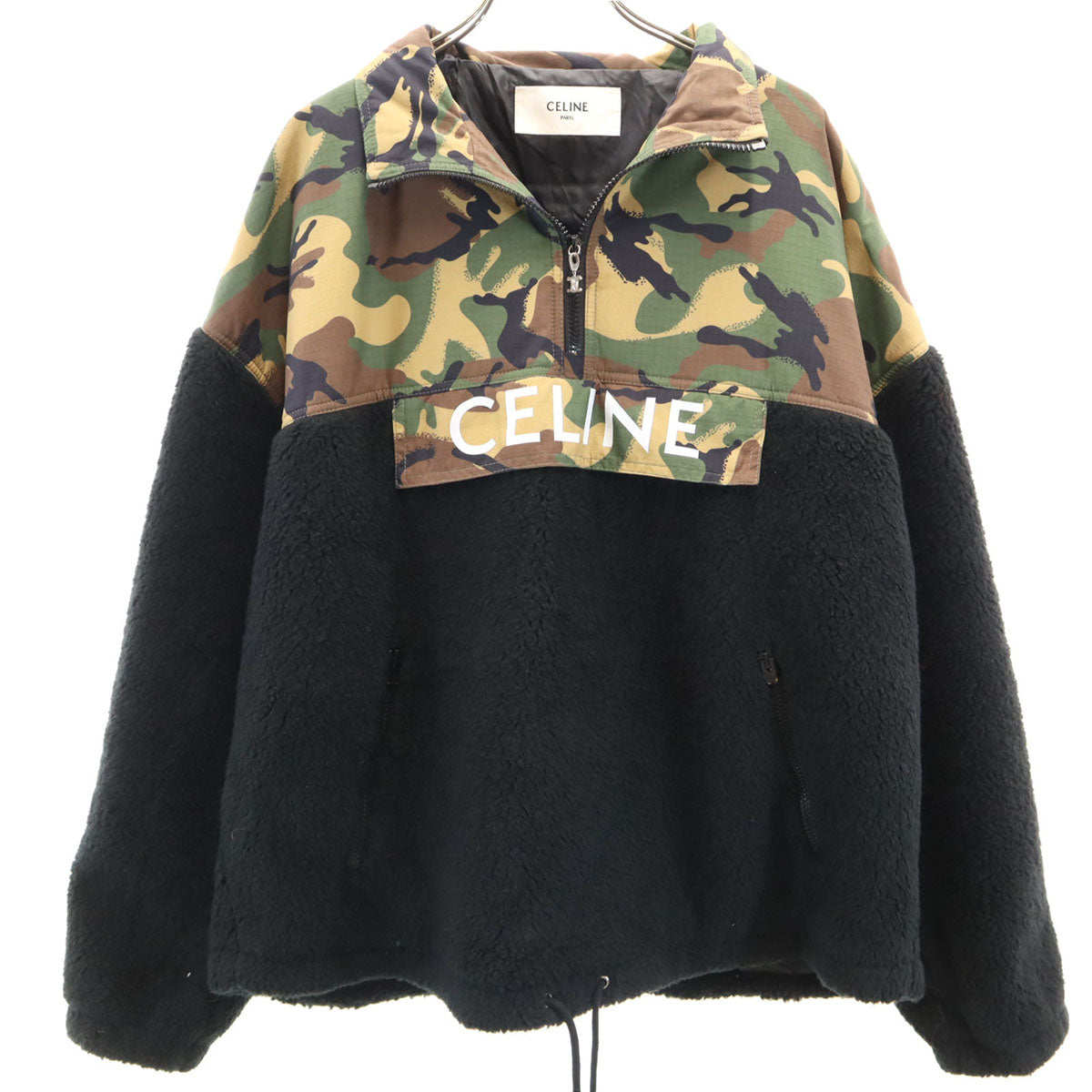 CELINE セリーヌ イタリア製 カモフラ柄切替 ハーフジップ バイマテリアル フリースジャケット 48 ブラック プルオーバー レディース