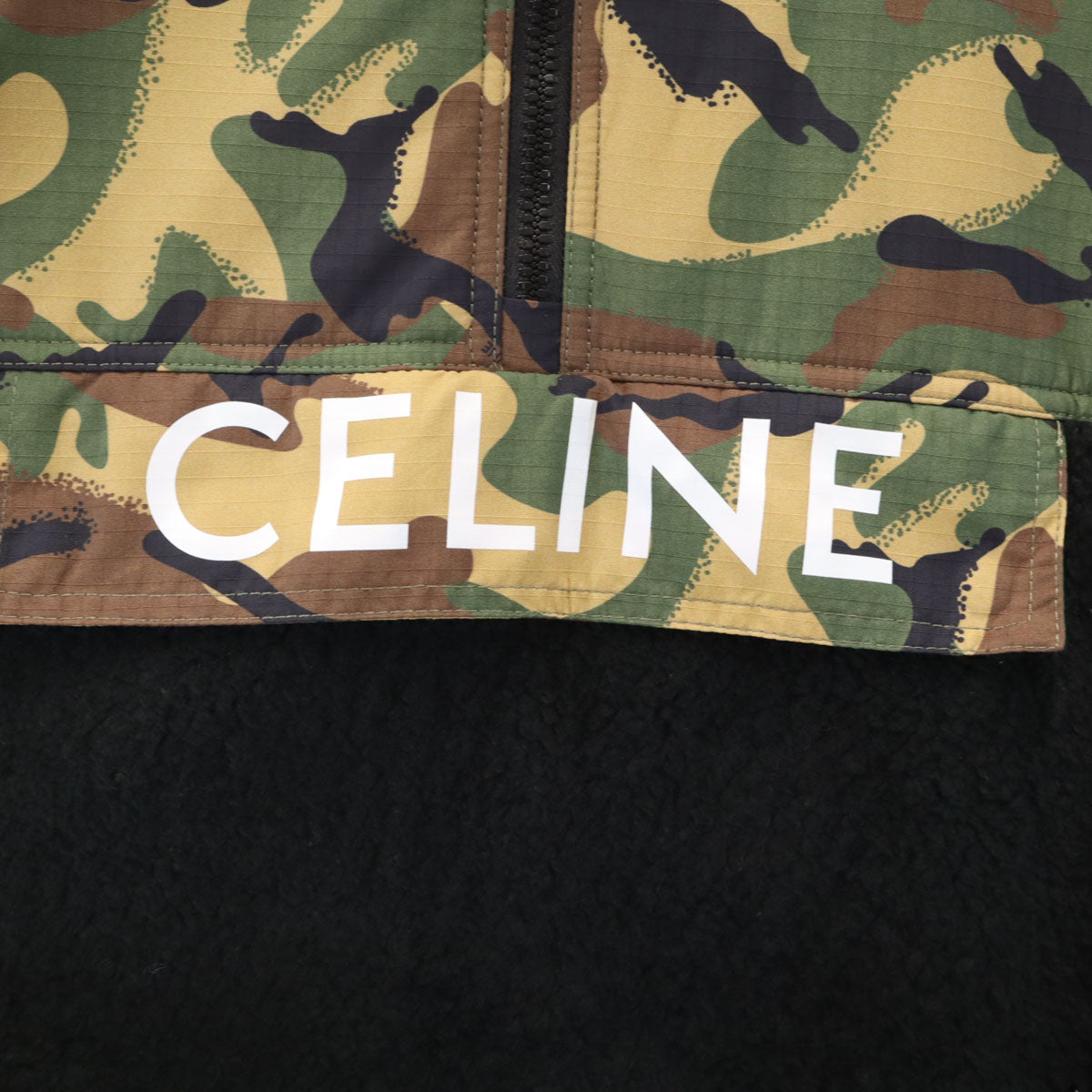 CELINE セリーヌ イタリア製 カモフラ柄切替 ハーフジップ バイマテリアル フリースジャケット 48 ブラック プルオーバー レディース