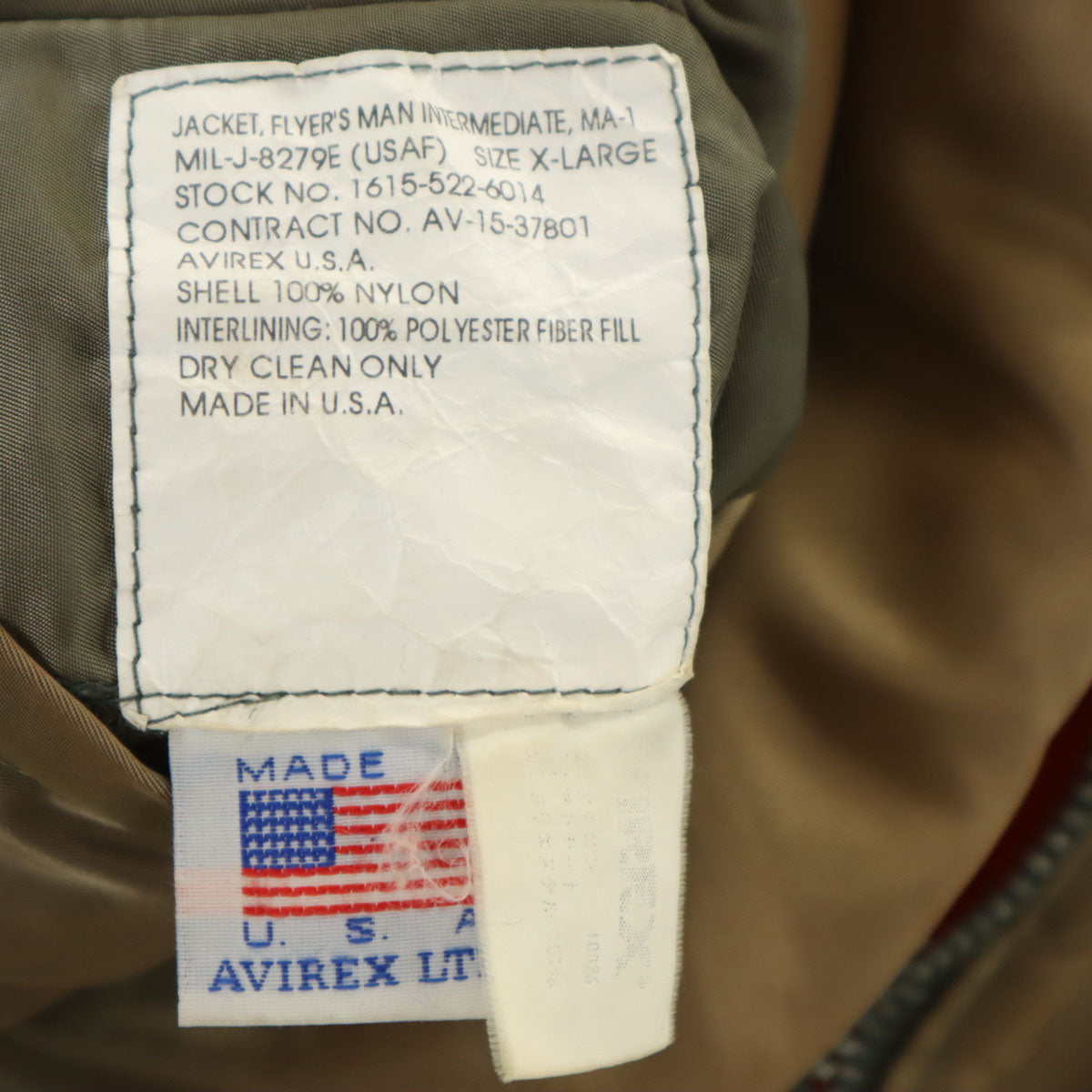 AVIREX アヴィレックス 90s USA製 MA-1 オールド フライトジャケット XL カーキ メンズ